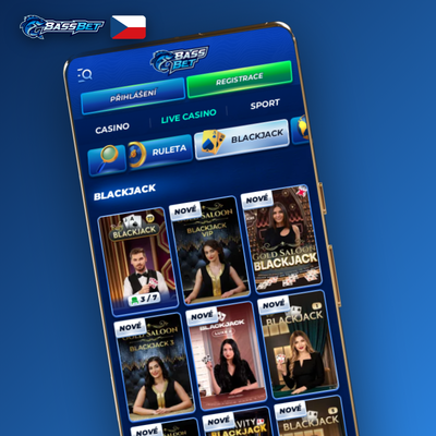 Mřížka náhledů slotů v Bassbet Casino mobilní aplikaci s neonovými akcenty