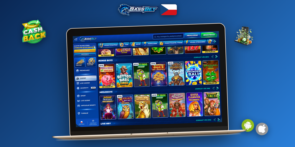 Bassbet Casino desktop verze v režimu celé obrazovky – herní lobby, boční menu a balance lišta