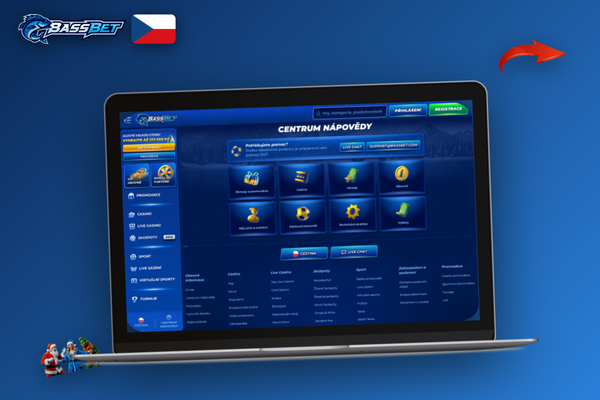 Bassbet Casino zákaznická podpora — přehledný help center s kategoriemi na obrazovce notebooku